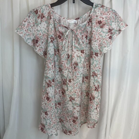 SimpleFun Floral Print Flutter Sleeve Tie Neck Blouse Medium - Picture 2 of 5
